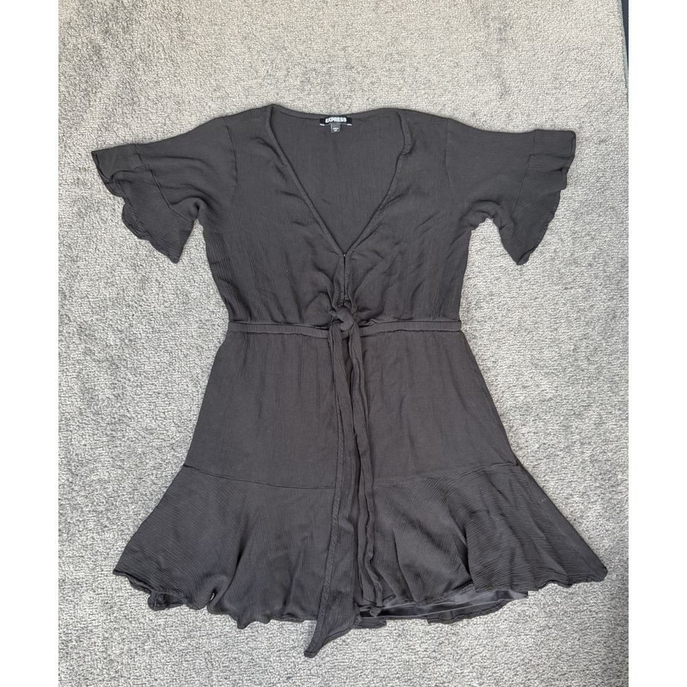 Express Black Textured Tie Front Ruffle Mini Dress XS Flutter Sleeve V-Neck